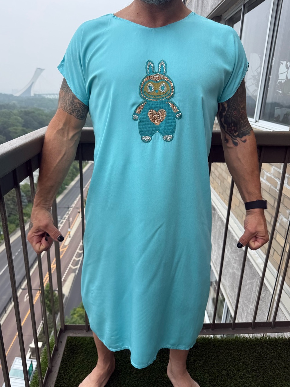 Bootleg Labubu Turquoise Unisex Short-Sleeve Tunic with Sequin Labubu DIY